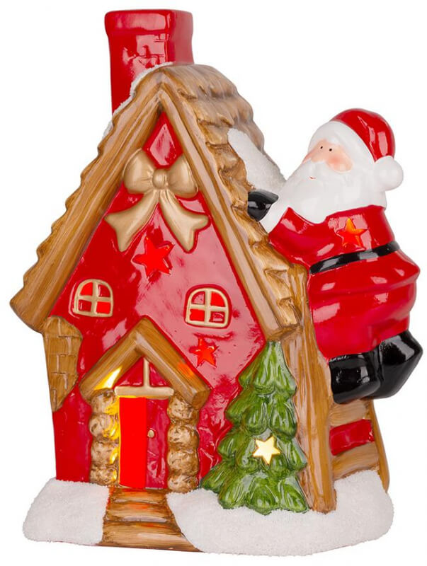 vianočná keramická dekorácia v podobe santu na streche s LED podsvietením s farbou teplá biela s počtom LED 1 napájaná na dve AA batérie s rozmermi 27x13x34cm a váhou 3,25 kg